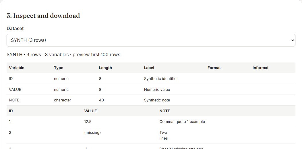 XPT converter showing variable metadata and a synthetic three-row dataset.